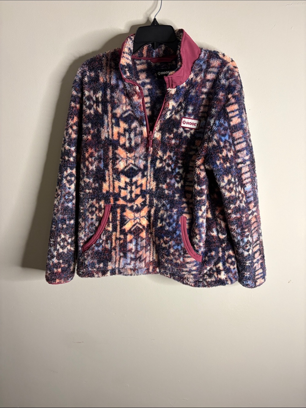 Hooey Multicolor Patterned Teddy Jacket with Pink Trim